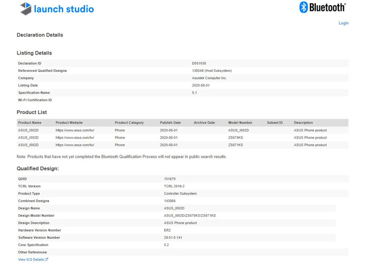 El ASUS_I002D en la base de datos del Bluetooth SIG. (Fuente: Bluetooth SIG a través de MySmartPrice)