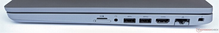 Derecha: lector de tarjetas microSD (arriba), bahía de tarjetas SIM (abajo), 2x USB 3.2 Gen1 tipo A, HDMI, GigabitLAN, Kensington
