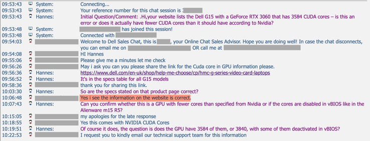 Nuestro chat con el representante de soporte de Dell (imagen vía propia)