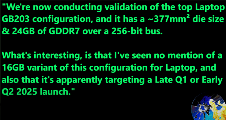 Especificaciones del portátil Nvidia GeForce RTX 5090 (fuente de la imagen: Moore's Laws is Dead en YouTube)