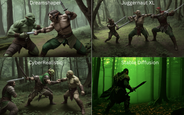 Prompt: Un elfo en el bosque con una espada luchando contra un orco - Aunque es la menos precisa en cuanto al prompt, la difusión estable produce las imágenes más realistas (Fuente de la imagen: David Devey)