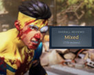 Una captura de pantalla del juego con la calificación "Mixta" de Steam superpuesta.