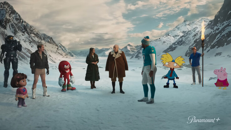 Paramount+ hizo girar cabezas con el anuncio de la Super Bowl del mes pasado en el que se veía a Jean-Luc Picard codeándose con Peppa Pig y al Jefe Maestro con Knuckles, pero eso es mucho dinero quemado para decir "mirad cuántas cosas tenemos". (Imagen: Paramount+)