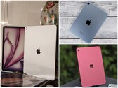 Un collage de tres imágenes que muestra un iPad plateado con su caja, un iPad mini azul sobre una superficie de madera y un iPad rosa al aire libre. (Fuente de la imagen: Notebookcheck)