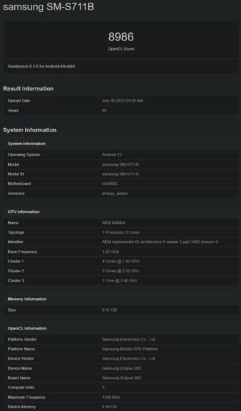 Samsung Galaxy Listado del S23 FE en Geekbench (imagen vía Geekbench)