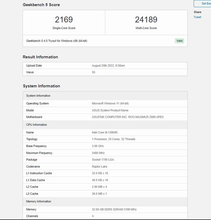 Entrada de Geekbench 5 para el Core i9-13900K. (Fuente: Geekbench)