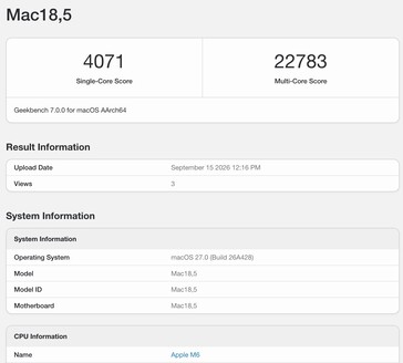 Resultado del Apple M6 en Geekbench 7.