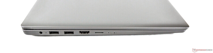 Lado derecho: toma de corriente, dos puertos USB 3.1 tipo A, salida HDMI 1.4, lector de tarjetas microSD