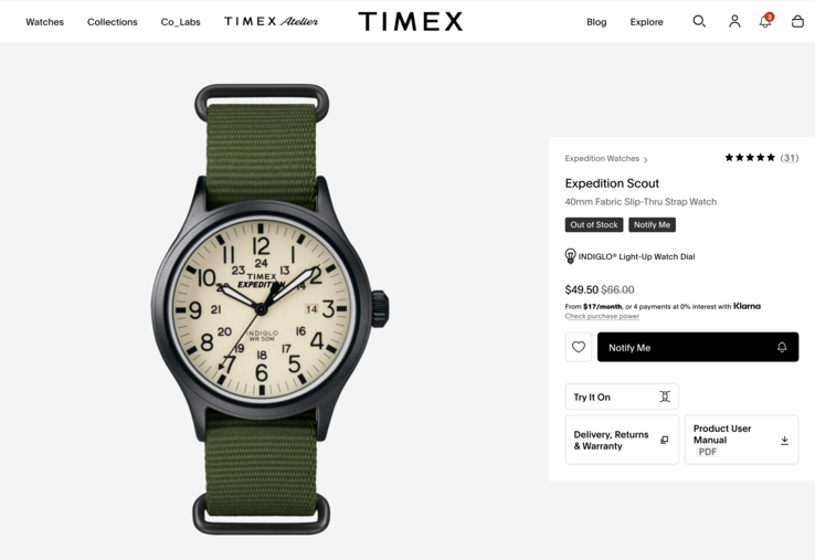 Este modelo Timex Expedition Scout, por ejemplo, tiene un precio de 50 dólares. Lástima que esté agotado, sin embargo.