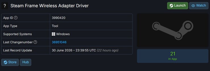 Controlador del adaptador inalámbrico Steam Frame que figura en SteamDB.