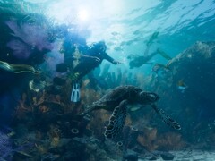 Exploración submarina de GTA 6 con personajes en equipo de buceo y fauna salvaje. (Fuente de la imagen: Rockstar)