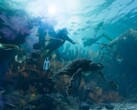 Exploración submarina de GTA 6 con personajes en equipo de buceo y fauna salvaje. (Fuente de la imagen: Rockstar)