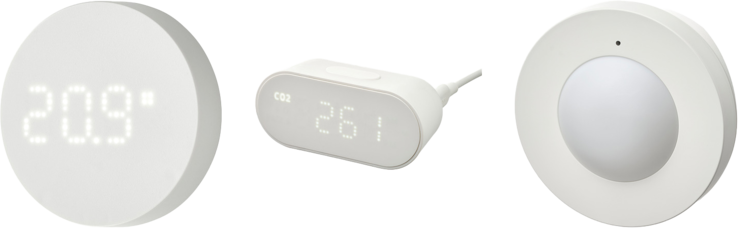 De izquierda a derecha: el sensor de temperatura y humedad Timmerflotte, el monitor de calidad del aire Alpstuga y el sensor de movimiento inalámbrico Myggspray. (Fuente de la imagen: ifun.de)