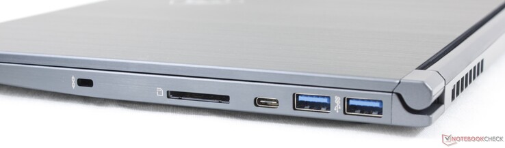 A la derecha: Cerradura Kensington, lector SD, USB Tipo-C 3.2 Gen. 1, 2x USB 3.2 Gen. 1