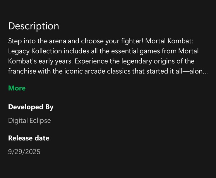 El listado filtrado de la aplicación Xbox para Mortal Kombat: Legacy Kollection revela un lanzamiento para el 29 de septiembre de 2025 (Fuente de la imagen: u/ByrdofMemes vía Imgur, compartido originalmente en Reddit)