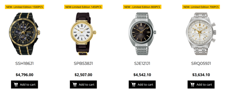 En la imagen: listados de productos de los cuatro relojes Seiko con sus precios adjuntos en SG$.