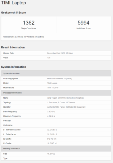 Mi Notebook Pro con AMD Ryzen 5 5600H. (Fuente: Geekbench)