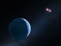 Ilustración que muestra un exoplaneta y dos estrellas rojas.