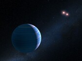 Ilustración que muestra un exoplaneta y dos estrellas rojas.