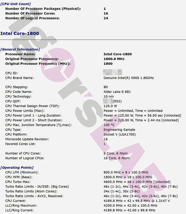 Supuestas especificaciones técnicas del Intel Alder Lake-S Core-1800 ES. (Fuente: Igor'sLAB)