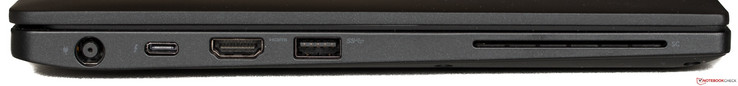 Lado izquierdo: potencia, USB 3.1 Gen1 tipo C con DP, HDMI 1.4, USB 3.1 Gen1 con Powershare, lector de tarjetas inteligentes