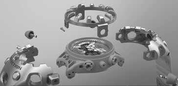 El atrevido diseño del reloj GA-V01 parte de unos elementos decorativos mínimos y pone el énfasis en los elementos de protección que permanecen. (Fuente de la imagen: Casio)