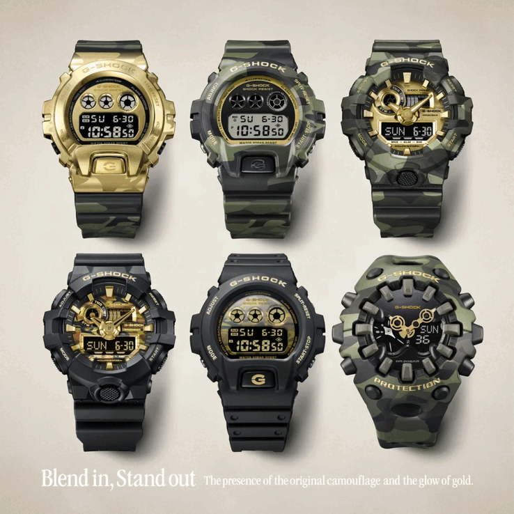 El G-Shock GM-6900CMG-3, el DW-6900CMG-3, el GA-700CMG-3AJF, el GA-700CF-1A, el DW-6900CF-1 y el GA-V01CMG-3A (nombres empezando por arriba a la izquierda y yendo hacia la derecha)