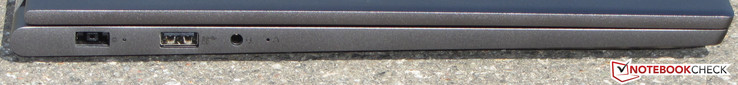 Lado izquierdo: Enchufe de alimentación de CC, puerto USB 3.1 Gen 1 (Tipo A), conector de audio combinado de 3,5 mm.