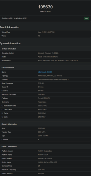 Rendimiento OpenCL de Nvidia GeForce RTX 4060 (imagen vía Geekbench)