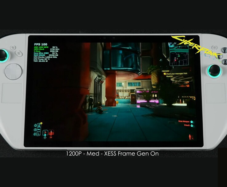 Abxylute 3D One handheld ejecutando Cyberpunk 2077 a 1200p ajustes medios con XeSS Frame Generation activado, mostrando 100 FPS en pantalla. (Fuente de la imagen: ETA PRIME vía YouTube)
