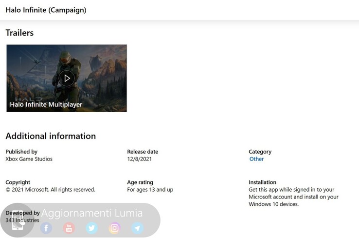 Listado de Halo Infinite en la Microsoft Store (imagen vía Aggiornamenti Lumia)