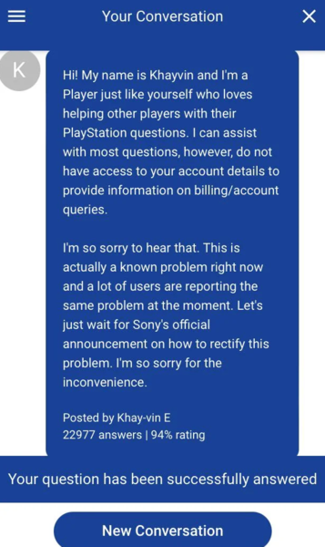 Respuesta del servicio de asistencia de PlayStation (imagen vía u/Cheap_Pipe_8578 en Reddit)