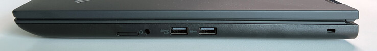 Derecha: Ranura para tarjeta SIM (opcional), toma de audio de 3,5 mm, USB-A 3.2 Gen. 1 (5 GBit/s, alimentado), USB-A 3.2 Gen. 1 (5 GBit/s), ranura Kensington