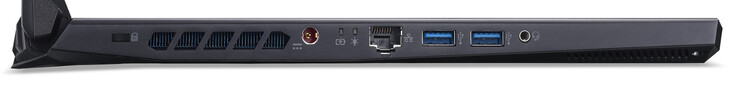 Lado izquierdo: Cerradura Kensington, toma de corriente, puerto Gigabit Ethernet, dos puertos USB 3.2 Gen 1 (Tipo A), combinación de auriculares/micrófono.