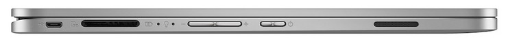 izquierda: USB 2.0 (Micro USB), lector de tarjetas SD, balancín de volumen, botón de encendido, altavoz