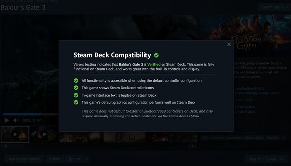 Baldur's Gate 3 Steam Deck descripción verificada (Fuente de la imagen: captura de pantalla, Steam)