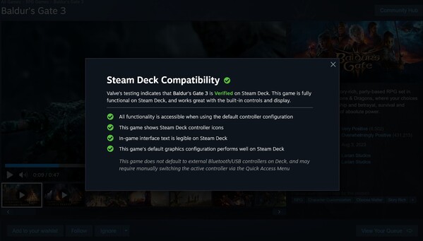 Baldur's Gate 3 Steam Deck descripción verificada (Fuente de la imagen: captura de pantalla, Steam)