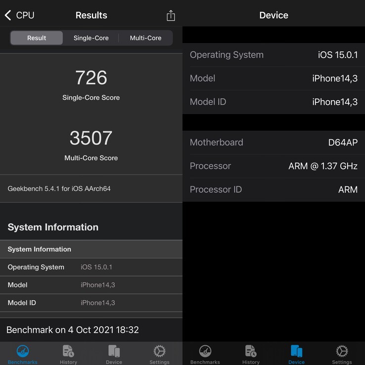 resultado de Geekbench 5 del iPhone 13 Pro Max en modo de bajo consumo. (Imagen: Notebookcheck)