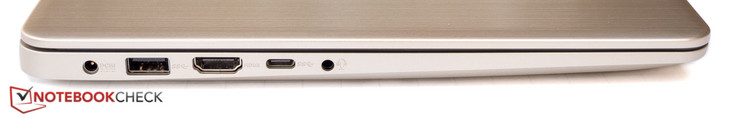 Lado izquierdo: toma de corriente DC, USB 3.1 Gen 1 (Tipo-A), HDMI, USB 3.1 Gen 1 (Tipo-C), conector combinado de auriculares