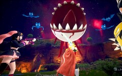 Captura de pantalla de Palworld que muestra a los personajes luchando contra un globo ocular flotante con dientes afilados