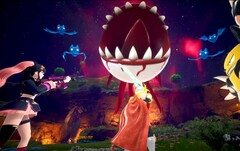 Captura de pantalla de Palworld que muestra a los personajes luchando contra un globo ocular flotante con dientes afilados