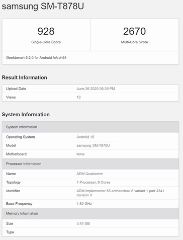 No está claro qué es el SM-T878U. (Fuente de la imagen: Geekbench)