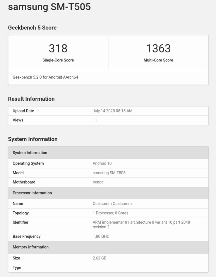 La nueva "tableta Samsung" en Geekbench. (Fuente: Geekbench 5 vía MyFixGuide)