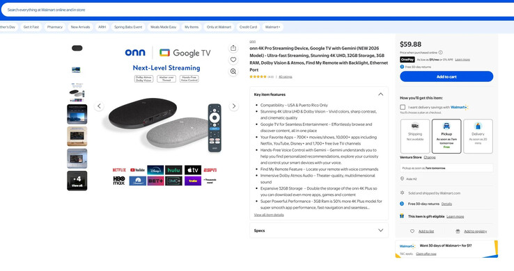 Onn 4K Pro (2026) Listado de Walmart.