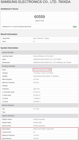 GPU RTX 3050 Ti para portátiles. (Fuente de la imagen: Geekbench)
