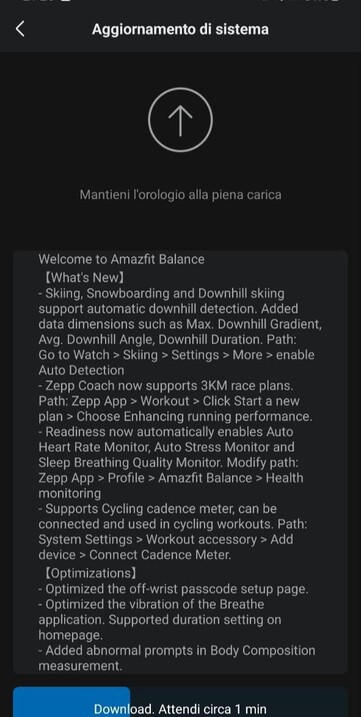 La actualización de Amazfit Balance 3.16.4.3. (Fuente de la imagen: Matteo Calori vía Facebook)