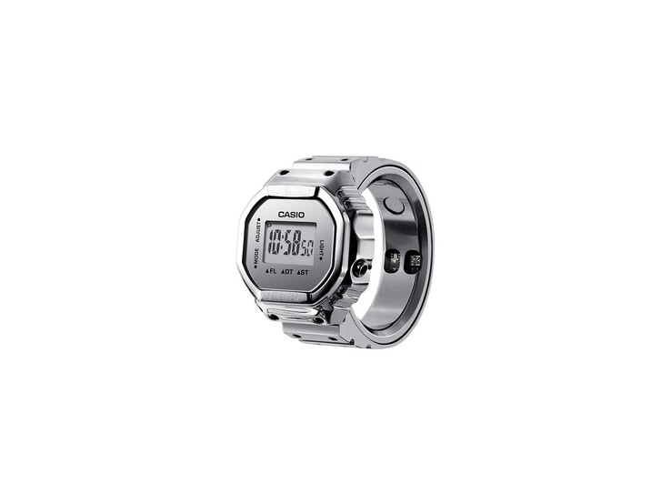 Vista en ángulo del reloj inteligente Casio CRW-H001M-8, de color plateado, en el que se aprecian la pantalla digital y los sensores de salud integrados en el anillo.