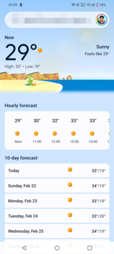 Interfaz de la aplicación Google Weather