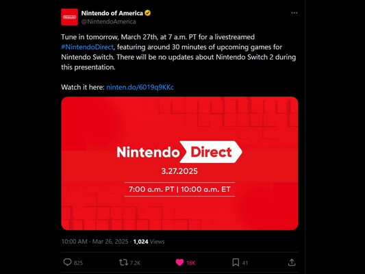 Anuncio del Nintendo Direct del 27 de marzo X (Fuente de la imagen: captura de pantalla, cuenta X de Nintendo of America)