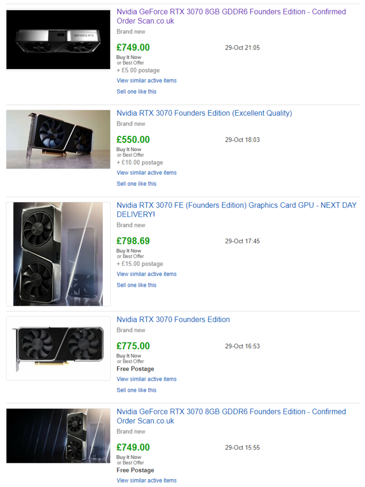 El RTX 3070 Founders Edition se ha vendido por más de 469 libras en eBay. (Fuente de la imagen: eBay UK)